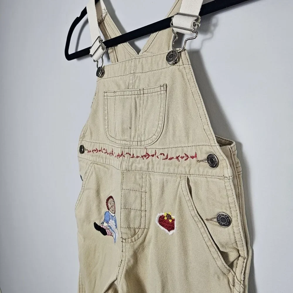 VTG Gap Overalls Raggedy Ann Cream Denim XXS Bibs Embroidery‎